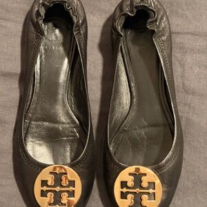 Tory Burch Black Flats with Gold Logo